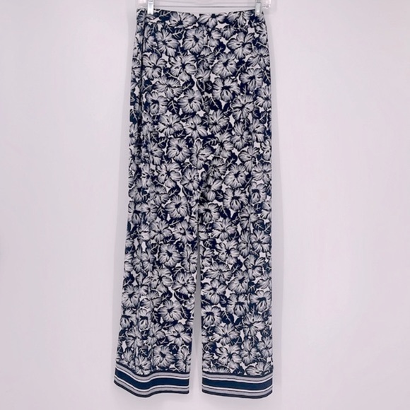 Michael Kors Floral Wide Leg Pants Blue White Hibiscus Size Large - Picture 6 of 10